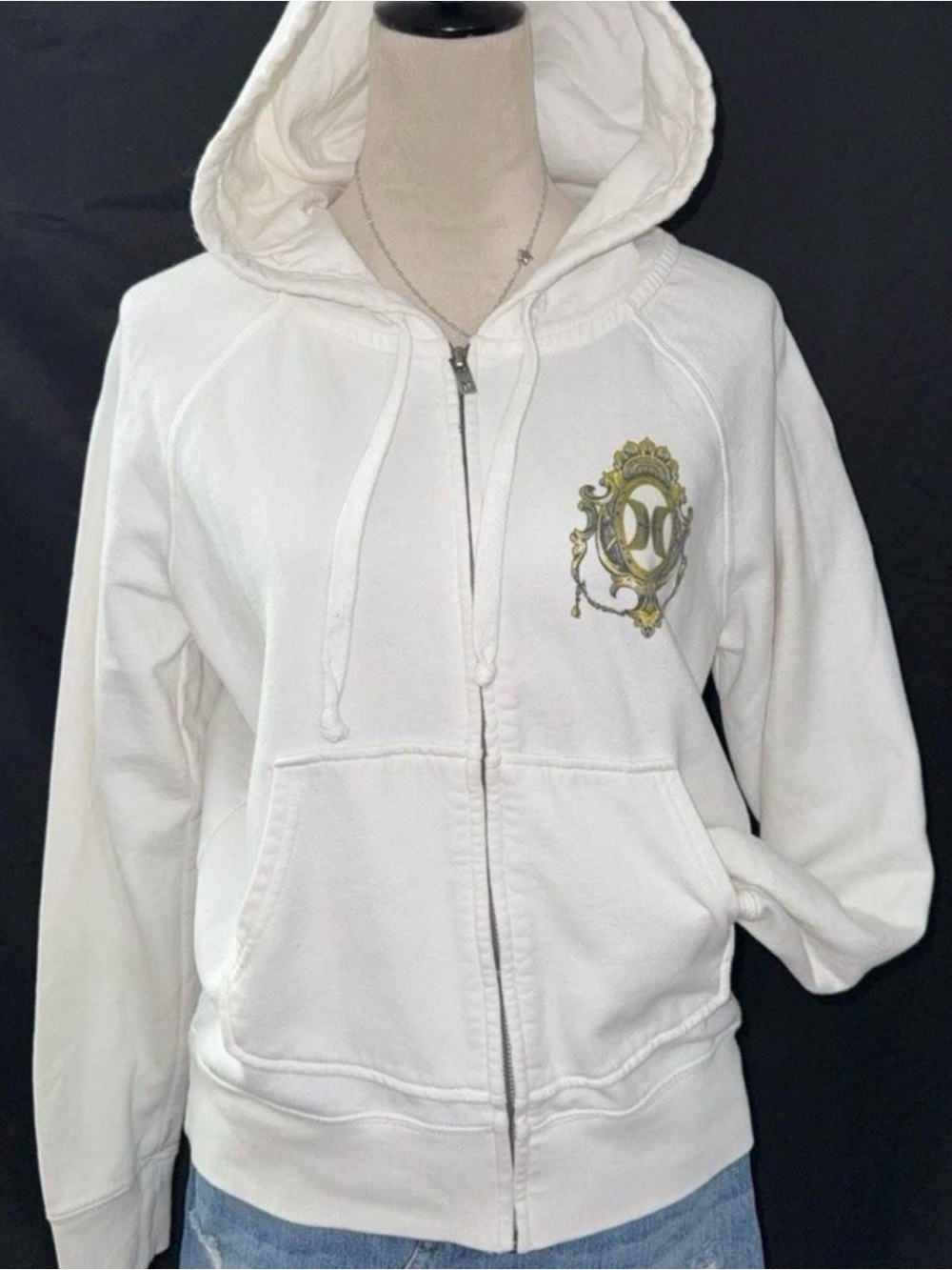 Hurley White Zip-Up Bomber Hoodie with Gold Crest